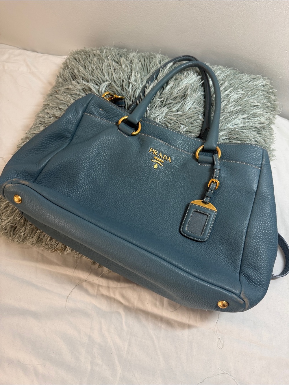 Prada Teal Blue Pebbled Leather Satchel with Gold Hardware